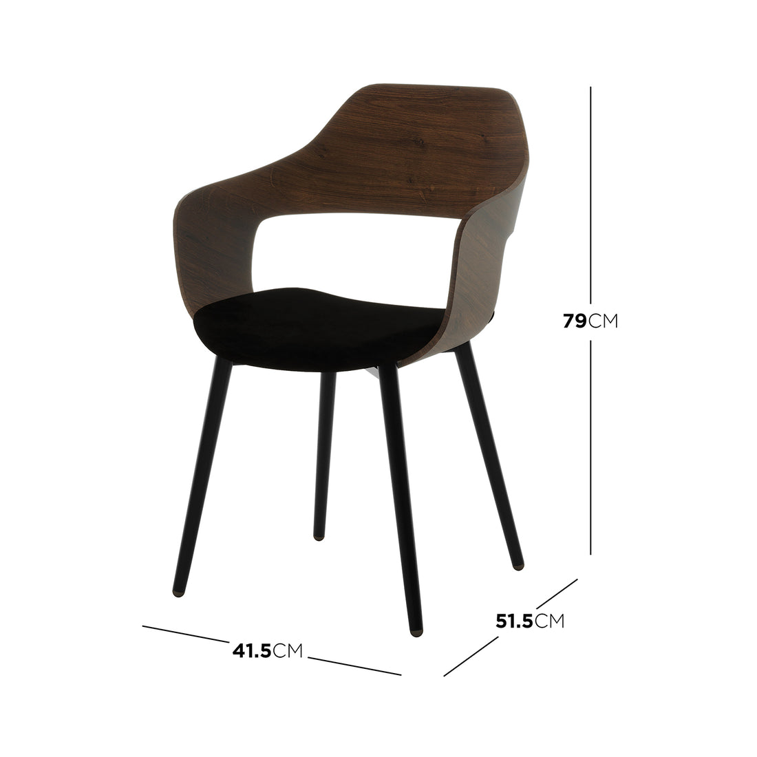 Winfield Curved Wooden Back Velvet Dining Chair Set of 2, showcasing a sleek design with curved wooden back and black cushion, ideal for adding elegance to dining spaces.