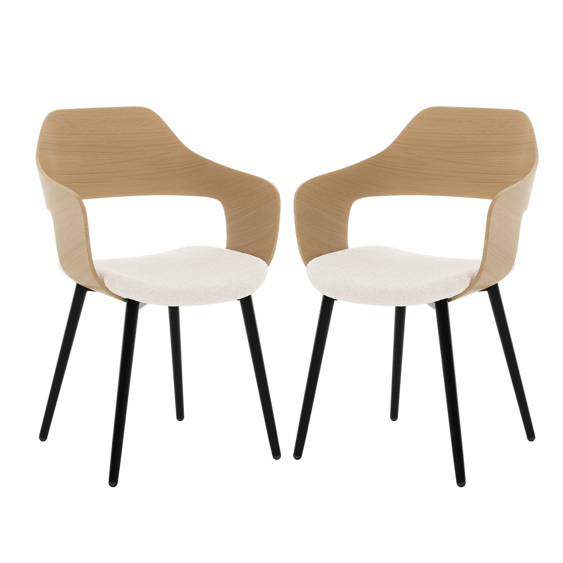 Winfield Curved Wooden Back Boucle Dining Chair Cream White Set of 2 features white chairs with curved wooden backs and black metal legs, designed for dining with a contemporary aesthetic.