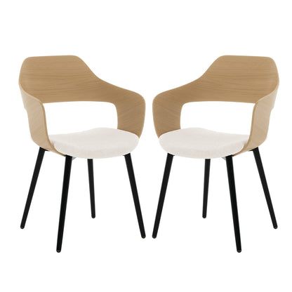 Winfield Curved Wooden Back Boucle Dining Chair Cream White Set of 2 features white chairs with curved wooden backs and black metal legs, designed for dining with a contemporary aesthetic.