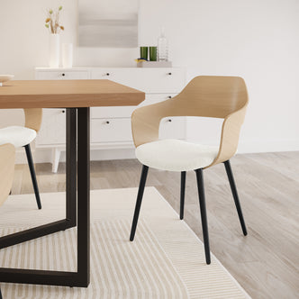 Winfield Curved Wooden Back Boucle Dining Chair Cream White Set of 2, featuring a close-up of the chair's curved wooden back and boucle upholstery, positioned beside a table.