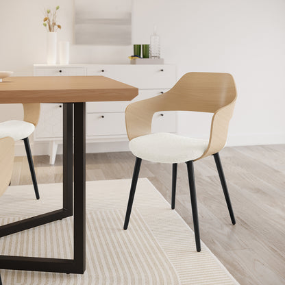 Winfield Curved Wooden Back Boucle Dining Chair Cream White Set of 2, featuring a close-up of the chair's curved wooden back and boucle upholstery, positioned beside a table.