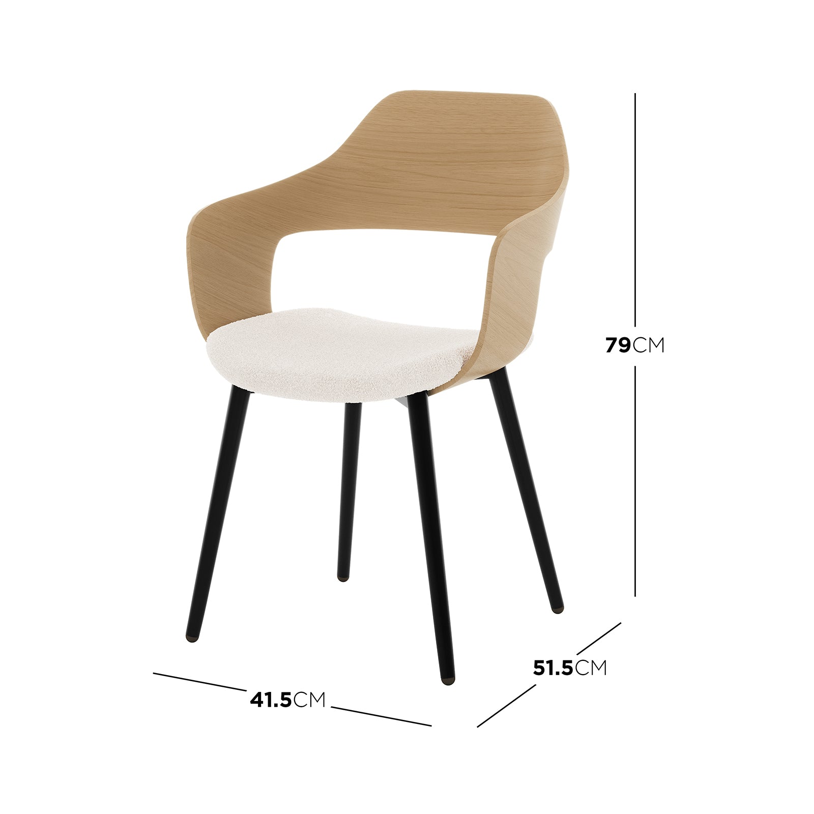 Winfield Curved Wooden Back Boucle Dining Chair Cream White Set of 2 featuring a sleek wooden backrest, cushioned seat, and sturdy metal legs, ideal for a stylish dining space.