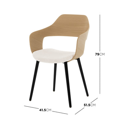 Winfield Curved Wooden Back Boucle Dining Chair Cream White Set of 2 featuring a sleek wooden backrest, cushioned seat, and sturdy metal legs, ideal for a stylish dining space.