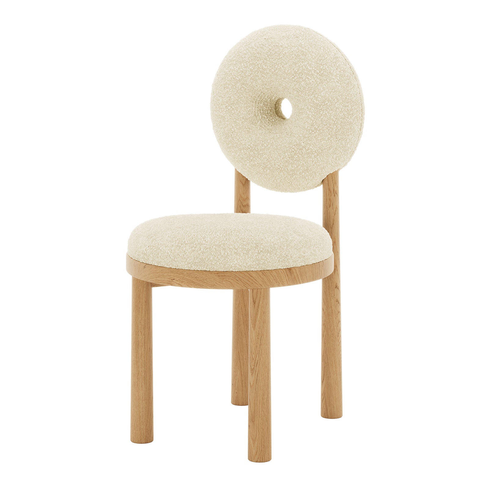 Wubin Boucle Solid Oak Round Dining Chair Beige Set of 2, showcasing a close-up of the boucle fabric texture and solid oak wood accents, highlighting the chair's round shape and elegant design features.