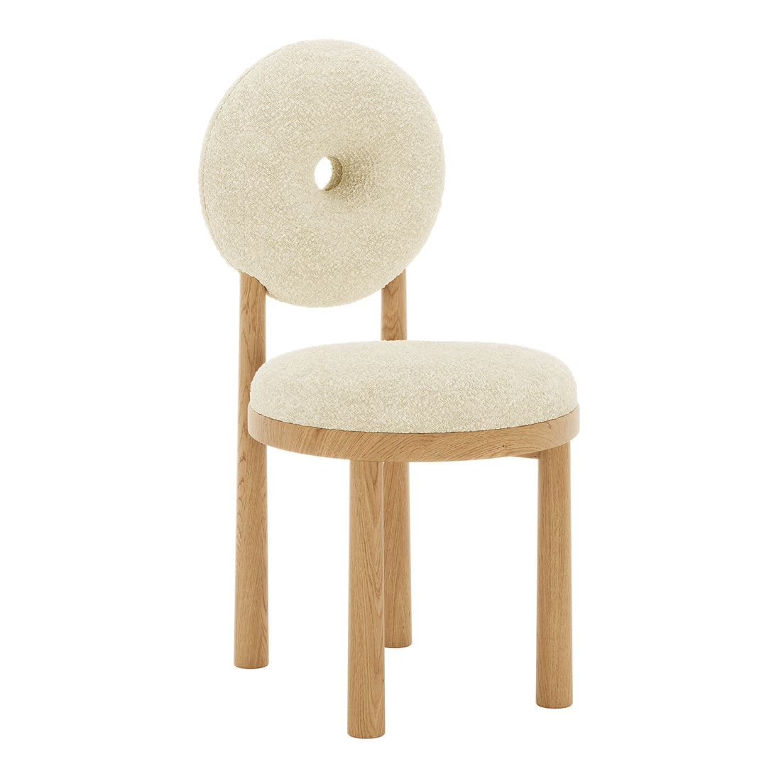 Close-up of Wubin Boucle Solid Oak Round Dining Chair Beige Set of 2, showcasing boucle fabric upholstery and oak frame with elegant wood accents, highlighting its comfort and modern design.