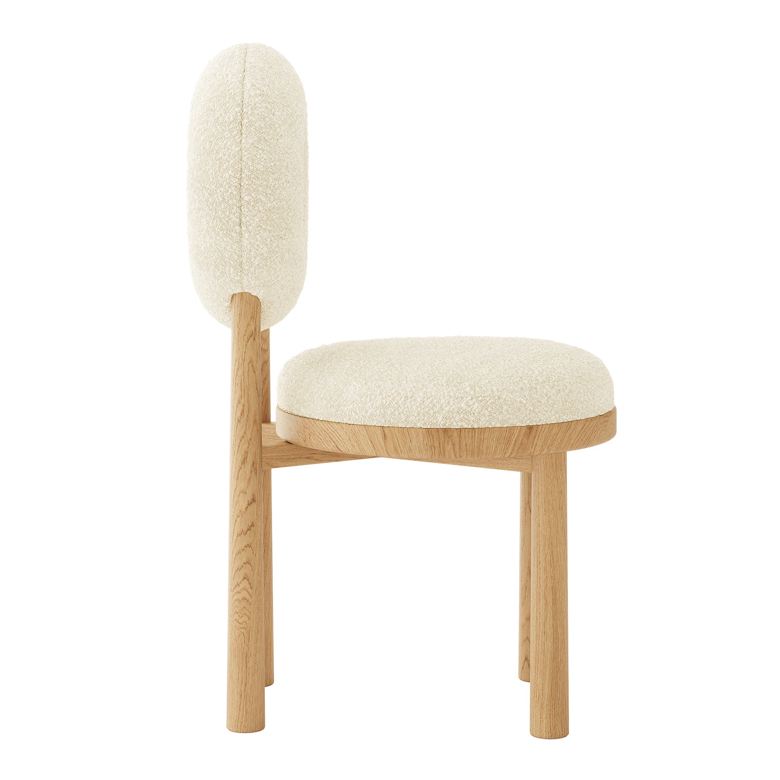Wubin Boucle Solid Oak Round Dining Chair Beige Set of 2, featuring a solid oak frame with boucle fabric upholstery and a cushioned seat, displayed against a neutral background.