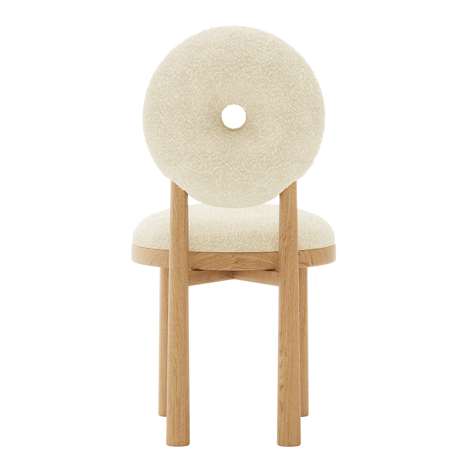 Wubin Boucle Solid Oak Round Dining Chair Beige Set of 2, featuring close-up views of a textured boucle fabric seat, solid oak frame, and elegant wood accents, showcasing modern design and craftsmanship.