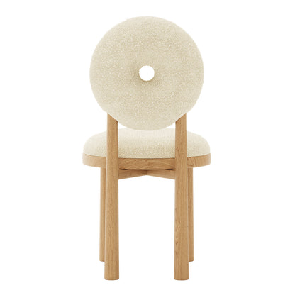 Wubin Boucle Solid Oak Round Dining Chair Beige Set of 2, featuring close-up views of a textured boucle fabric seat, solid oak frame, and elegant wood accents, showcasing modern design and craftsmanship.
