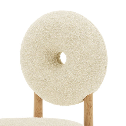 Wubin Boucle Solid Oak Round Dining Chair Beige Set of 2 features a close-up of oak wood detailing, boucle fabric texture, and a uniquely designed circular seat with a central opening.