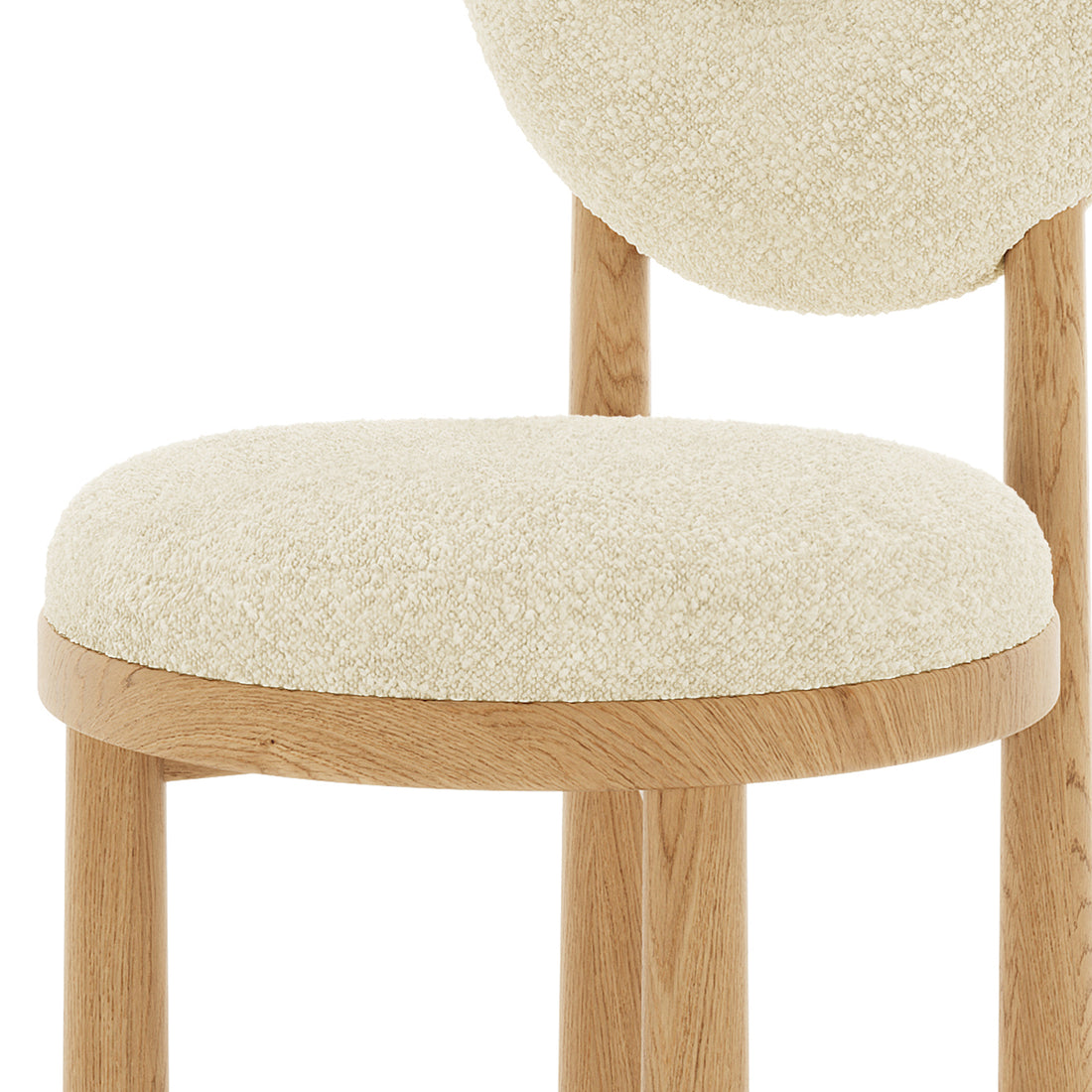 Close-up of the Wubin Boucle Solid Oak Round Dining Chair Beige Set of 2, showcasing the boucle fabric upholstery and solid oak frame with elegant wood accents, highlighting its modern, durable design.