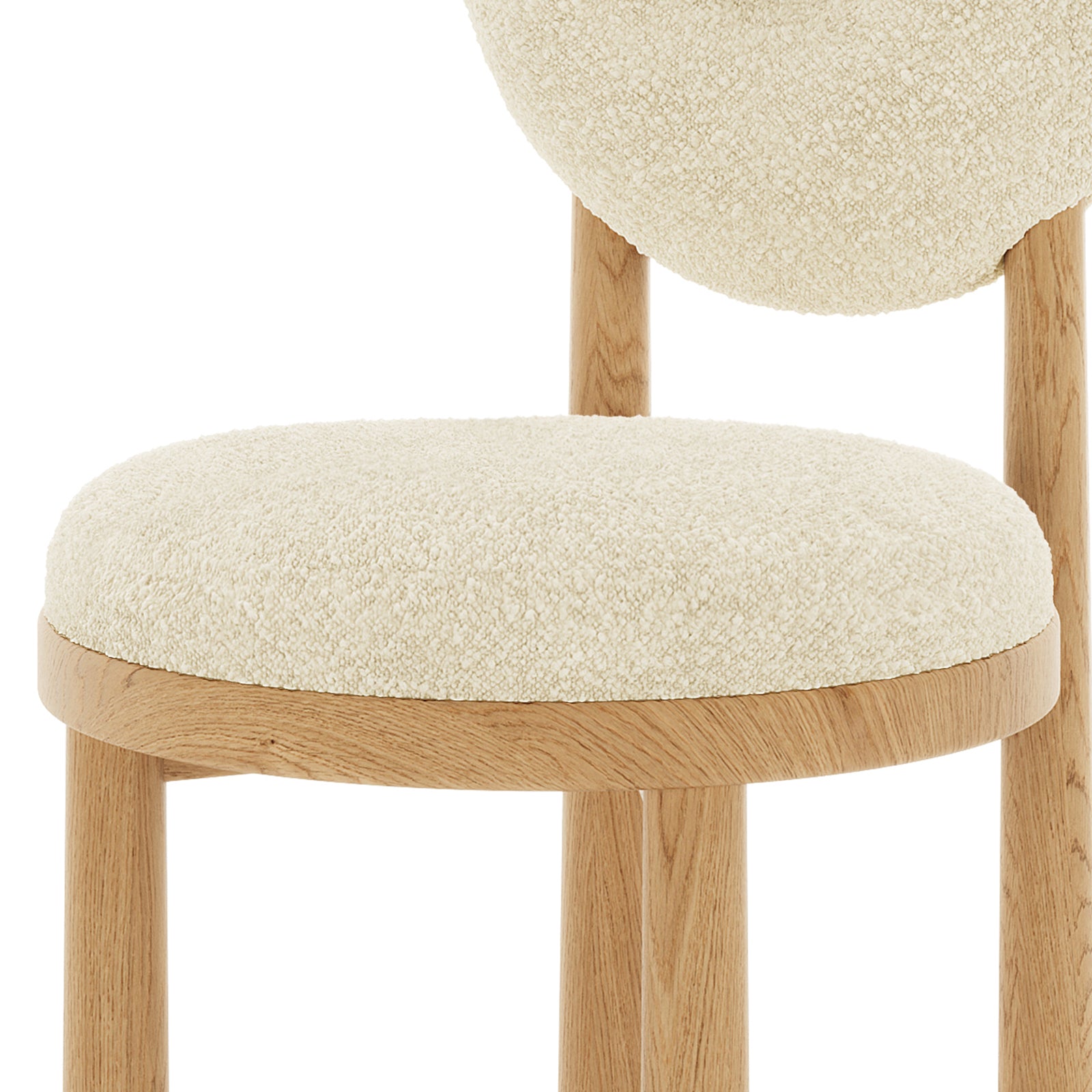 Close-up of the Wubin Boucle Solid Oak Round Dining Chair Beige Set of 2, showcasing the boucle fabric upholstery and solid oak frame with elegant wood accents, highlighting its modern, durable design.