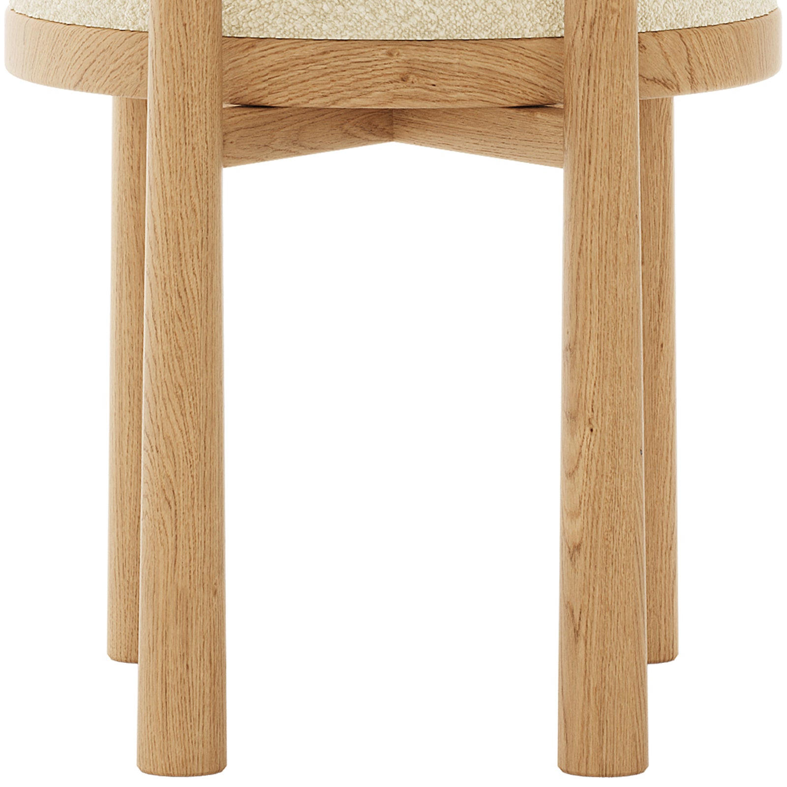 Wubin Boucle Solid Oak Round Dining Chair Beige Set of 2, showcasing a close-up of the sturdy wooden frame and elegant wood accents, highlighting its durable construction and stylish design.