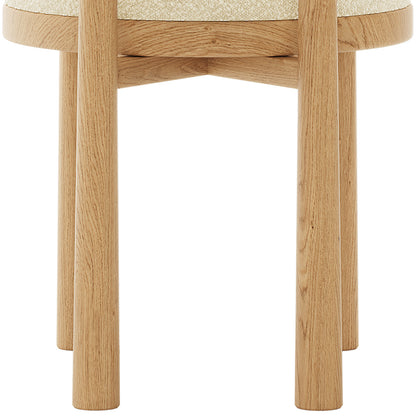 Wubin Boucle Solid Oak Round Dining Chair Beige Set of 2, showcasing a close-up of the sturdy wooden frame and elegant wood accents, highlighting its durable construction and stylish design.