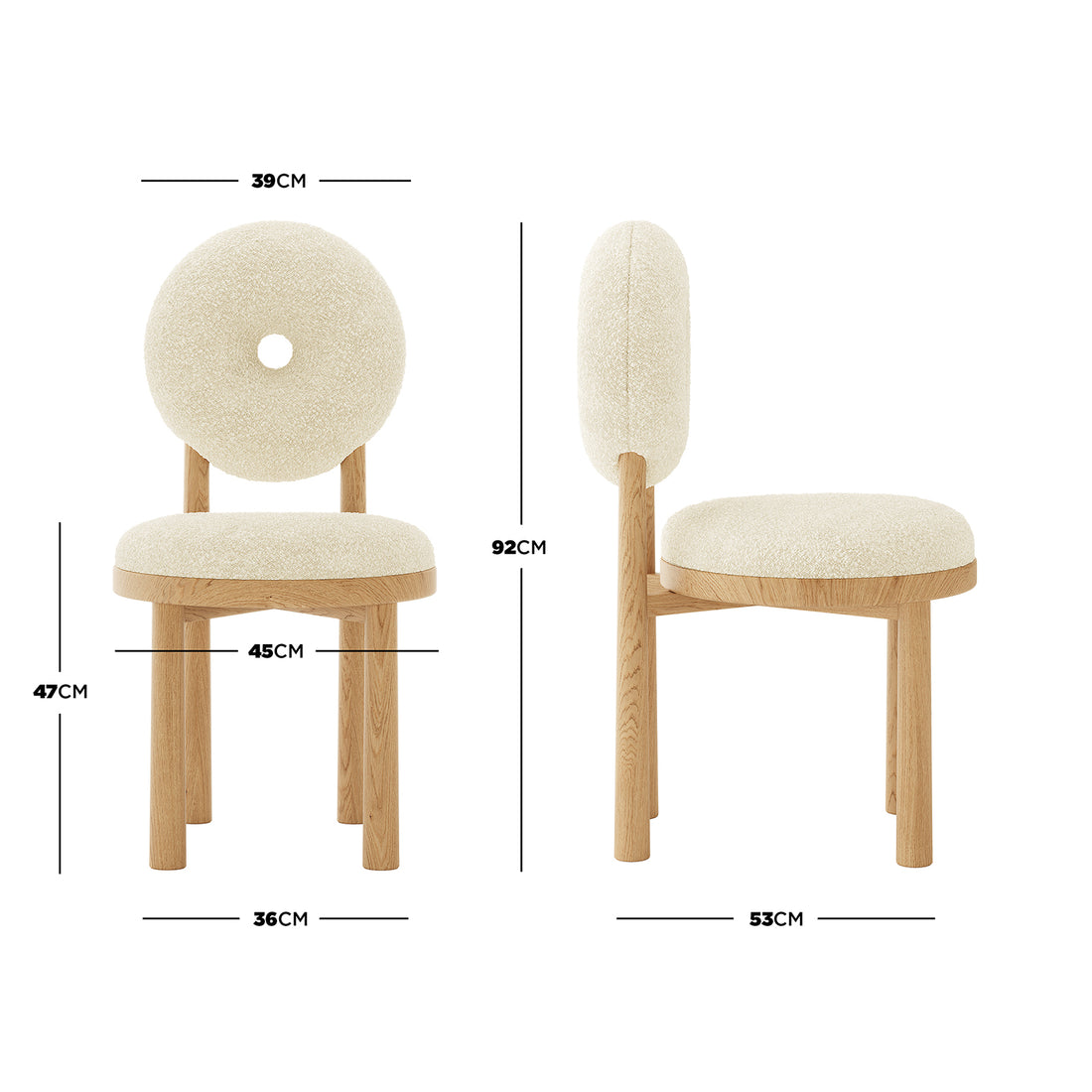 Wubin Boucle Solid Oak Round Dining Chair Beige Set of 2, featuring a close-up of the boucle fabric and solid oak frame, highlighting the chair's elegant design and comfortable cushioning.