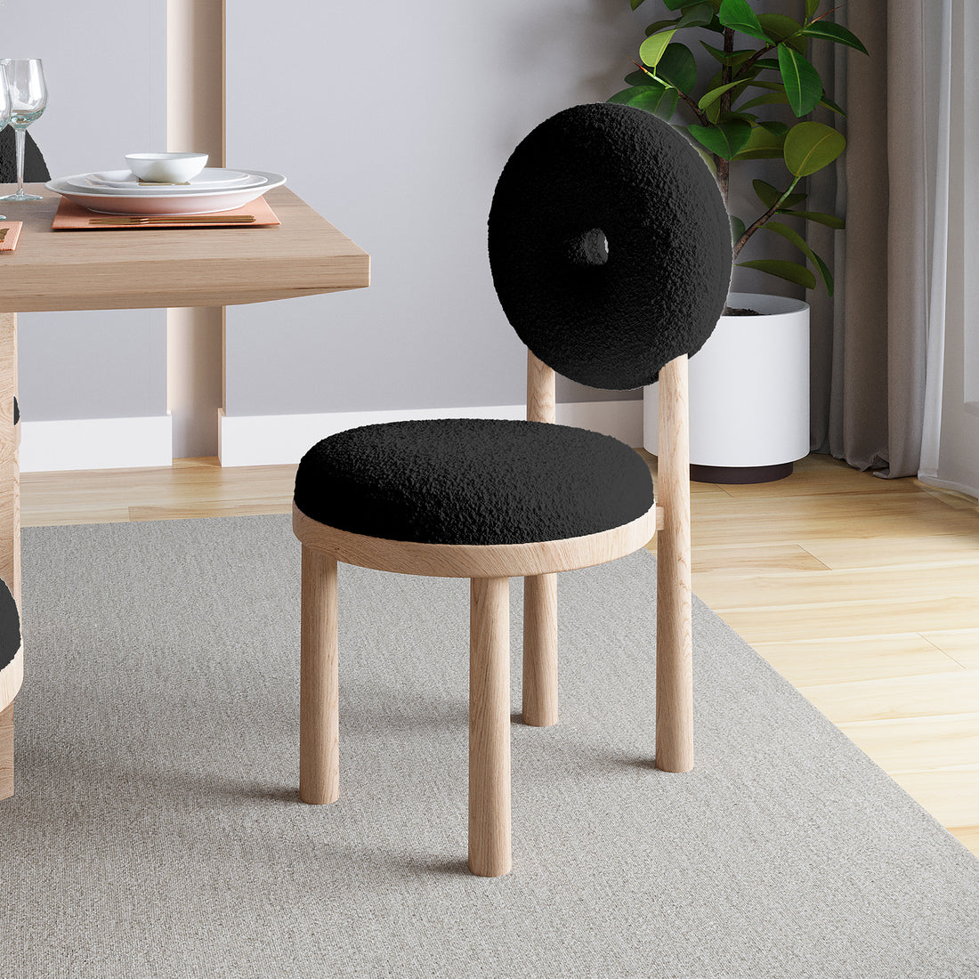 Wubin Boucle Solid Oak Round Dining Chair Black Set of 2 features a round silhouette with a hole in the backrest, boucle fabric upholstery, and oak accents for modern dining rooms.