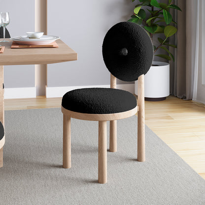 Wubin Boucle Solid Oak Round Dining Chair Black Set of 2 features a round silhouette with a hole in the backrest, boucle fabric upholstery, and oak accents for modern dining rooms.