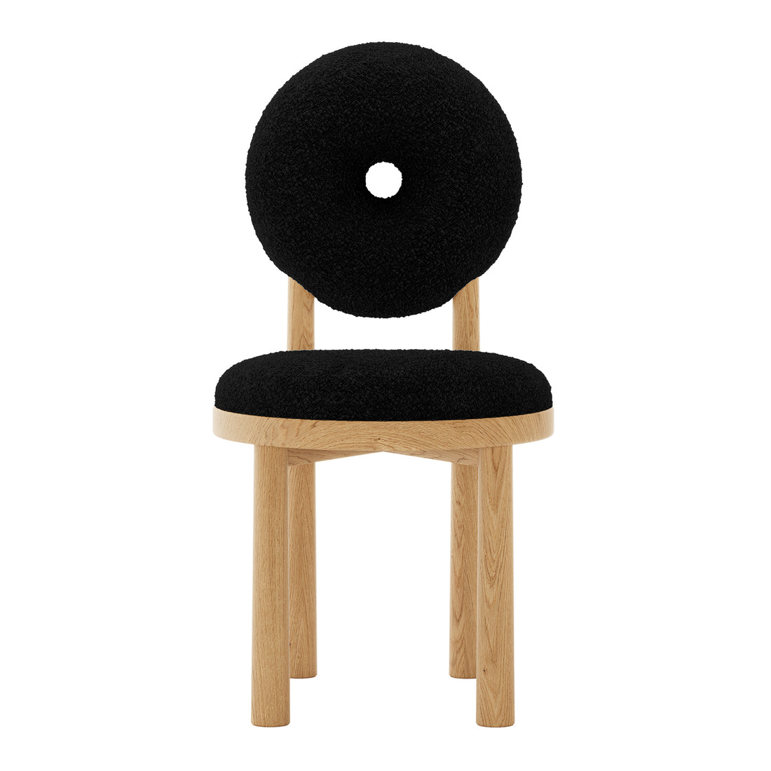 Close-up of Wubin Boucle Solid Oak Round Dining Chair Black Set of 2, showcasing plush boucle upholstery, solid oak frame, and elegant wood accents, highlighting its modern design and sturdy construction.