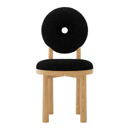 Close-up of Wubin Boucle Solid Oak Round Dining Chair Black Set of 2, showcasing plush boucle upholstery, solid oak frame, and elegant wood accents, highlighting its modern design and sturdy construction.