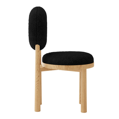 Wubin Boucle Solid Oak Round Dining Chair Black Set of 2 features a black cushioned seat with a solid oak frame, showcasing elegant wood accents and anti-slip pads on the legs.