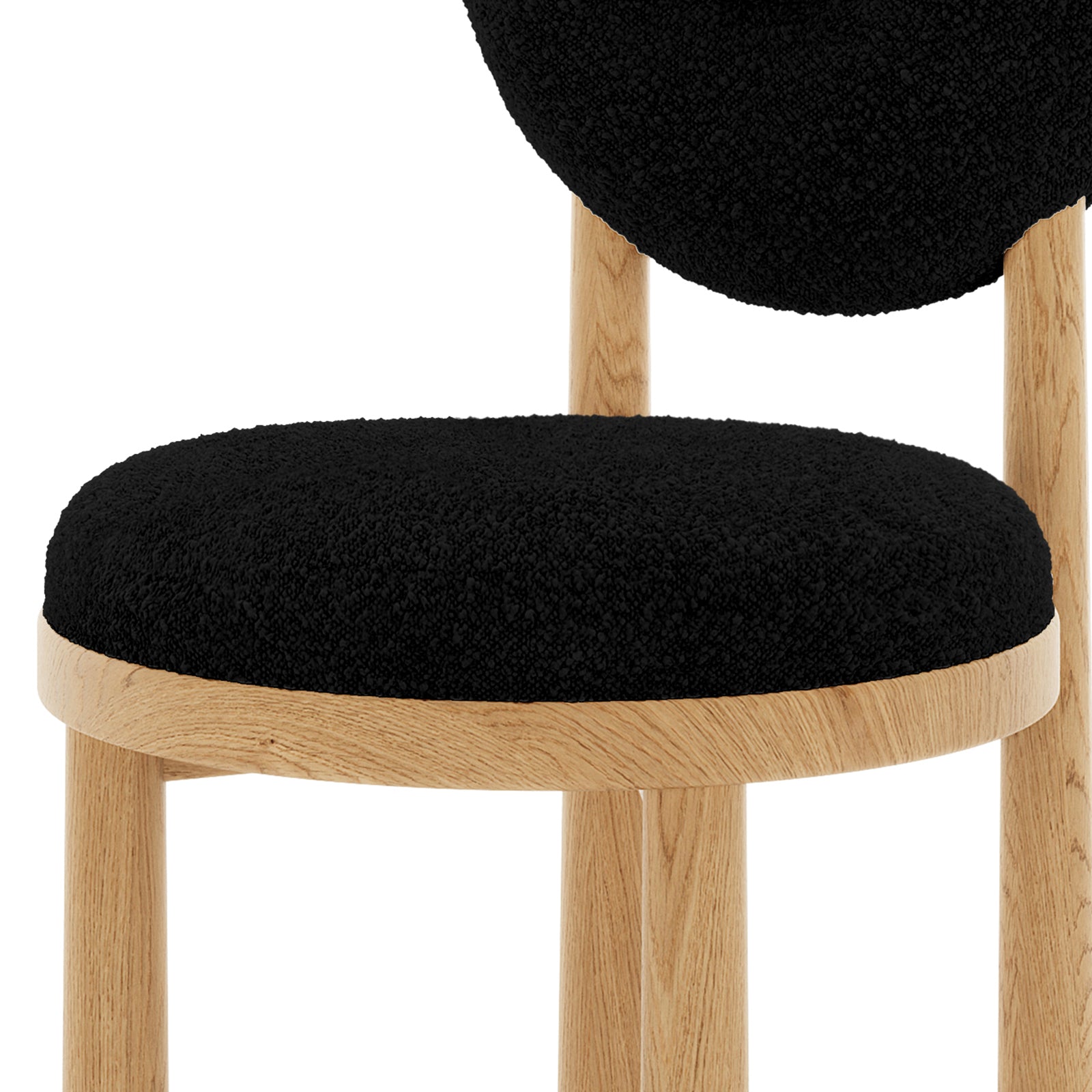 Wubin Boucle Solid Oak Round Dining Chair Black Set of 2, featuring a sleek black chair with wooden legs, showcasing its boucle fabric texture and solid American oak construction for a modern dining room.