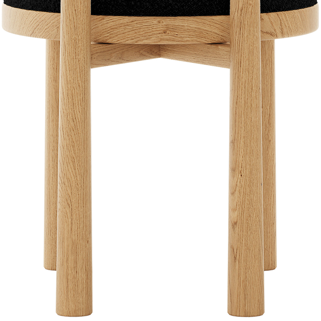 Wubin Boucle Solid Oak Round Dining Chair Black Set of 2, featuring a close-up of the sturdy oak frame and elegant wood accents, highlighting the chair's craftsmanship and material quality.