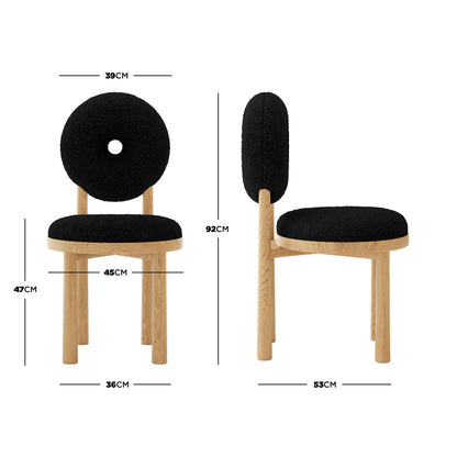 Wubin Boucle Solid Oak Round Dining Chair Black Set of 2, featuring a black cushion over a round oak frame with a central opening, designed for modern dining spaces with comfort and durability.