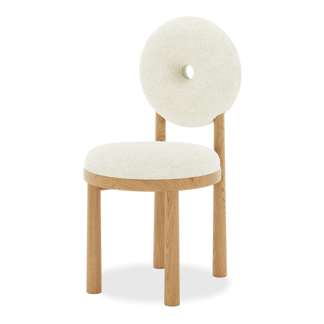 Close-up of Wubin Boucle Solid Oak Round Dining Chair Set, showcasing its boucle upholstery and solid oak frame, highlighting the chair's rounded design and wood detailing.