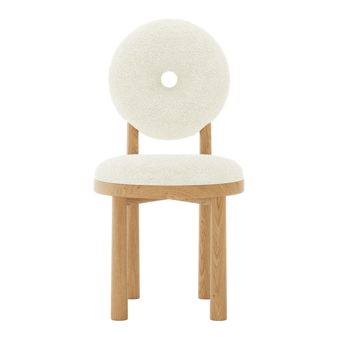 Wubin Boucle Solid Oak Round Dining Chair Set of 2 features a plush, textured boucle fabric seat with a rounded backrest and solid oak legs, exuding modern elegance and comfort.