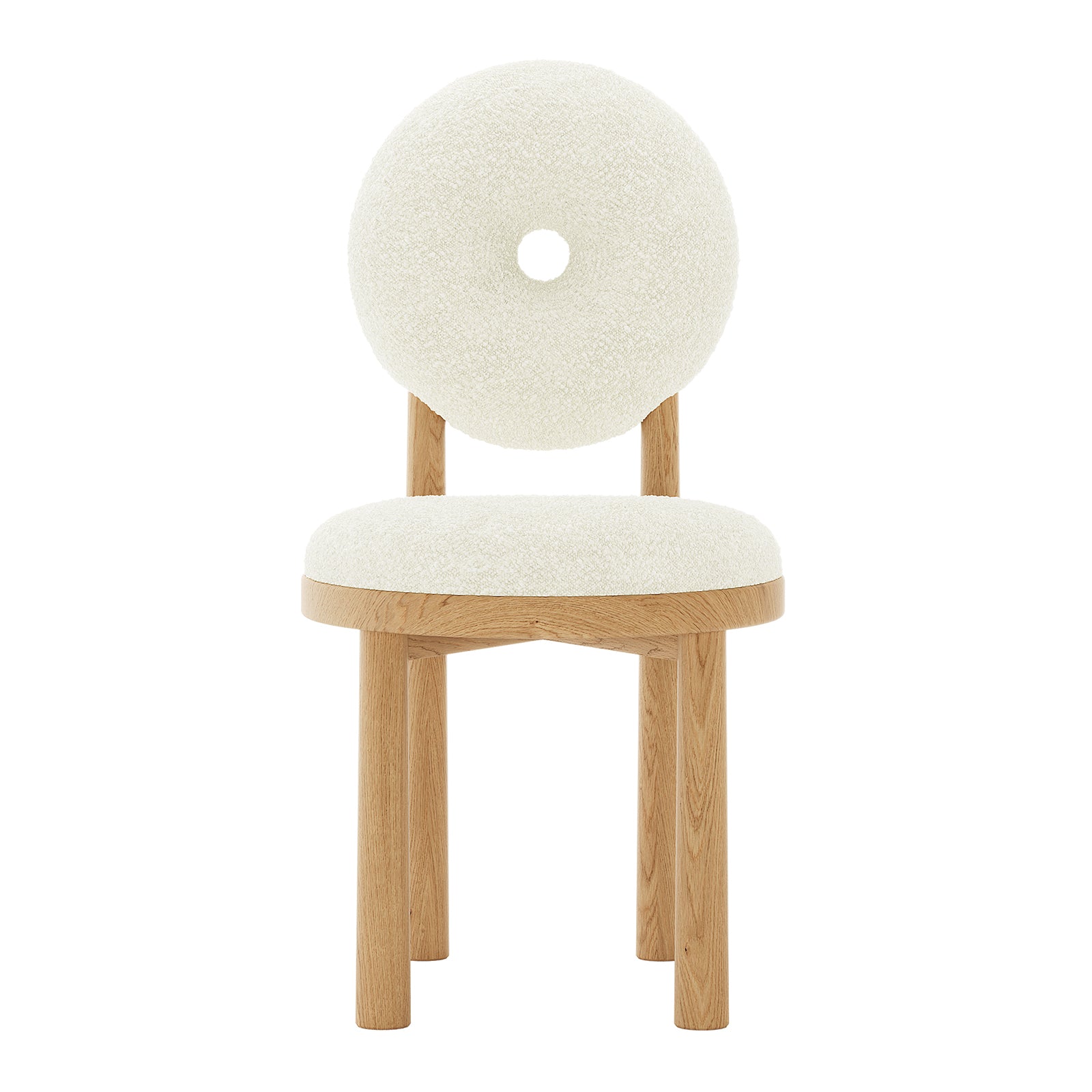 Wubin Boucle Solid Oak Round Dining Chair Set of 2 features a plush, textured boucle fabric seat with a rounded backrest and solid oak legs, exuding modern elegance and comfort.