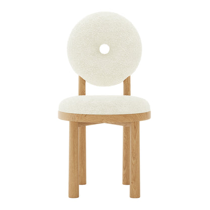 Wubin Boucle Solid Oak Round Dining Chair Set of 2 features a plush, textured boucle fabric seat with a rounded backrest and solid oak legs, exuding modern elegance and comfort.