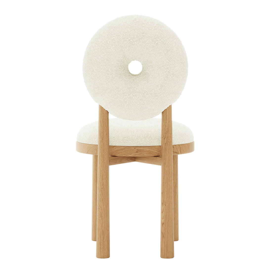 Wubin Boucle Solid Oak Round Dining Chair Set of 2 featuring a close-up of a white chair with a round seat and wooden legs, highlighting its elegant design and premium materials.