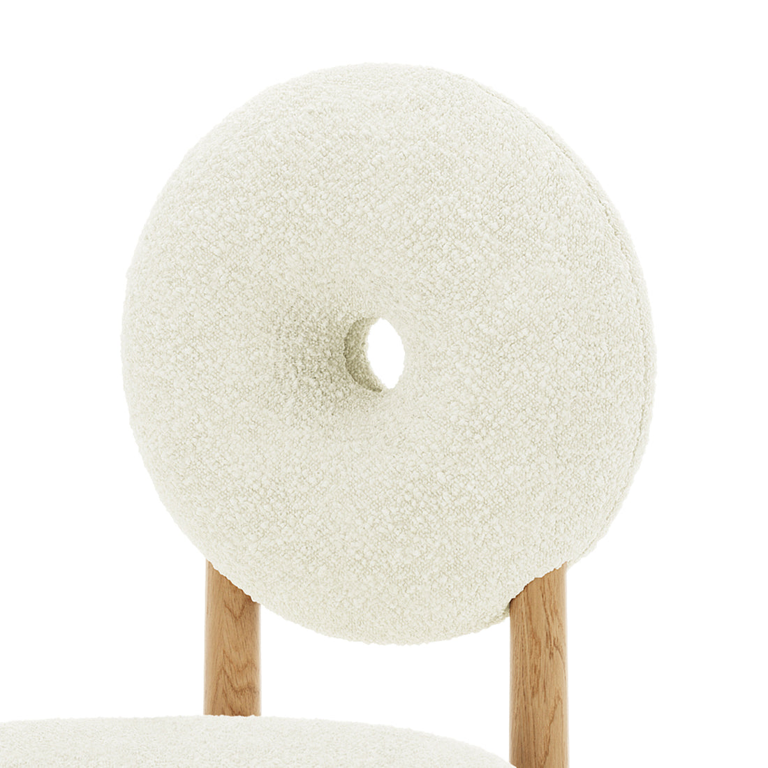 Wubin Boucle Solid Oak Round Dining Chair Cream White Set of 2 with a unique circular cutout design, featuring soft upholstered cushions and a solid oak frame, offering comfort and modern elegance.
