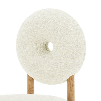 Wubin Boucle Solid Oak Round Dining Chair Cream White Set of 2 with a unique circular cutout design, featuring soft upholstered cushions and a solid oak frame, offering comfort and modern elegance.