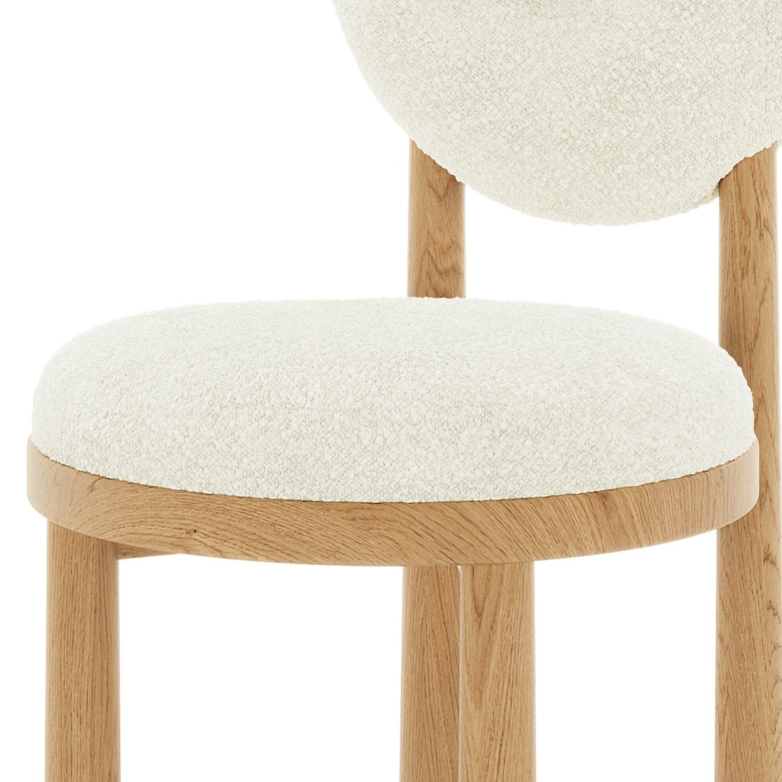 Wubin Boucle Solid Oak Round Dining Chair Cream White Set of 2, showcasing close-up details of solid oak legs, boucle fabric upholstery, and anti-slip pads, emphasizing modern design and durability.