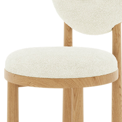 Wubin Boucle Solid Oak Round Dining Chair Cream White Set of 2, showcasing close-up details of solid oak legs, boucle fabric upholstery, and anti-slip pads, emphasizing modern design and durability.