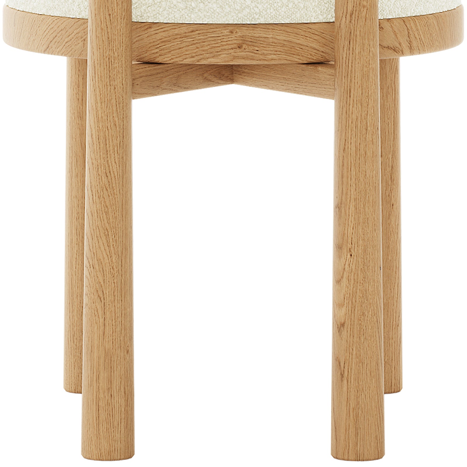 Close-up of the Wubin Boucle Solid Oak Round Dining Chair set, highlighting the elegant oak wood grain and sturdy construction, perfect for modern dining rooms seeking comfort and style.