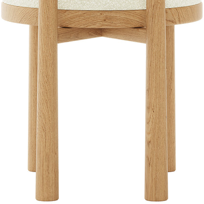 Close-up of the Wubin Boucle Solid Oak Round Dining Chair set, highlighting the elegant oak wood grain and sturdy construction, perfect for modern dining rooms seeking comfort and style.