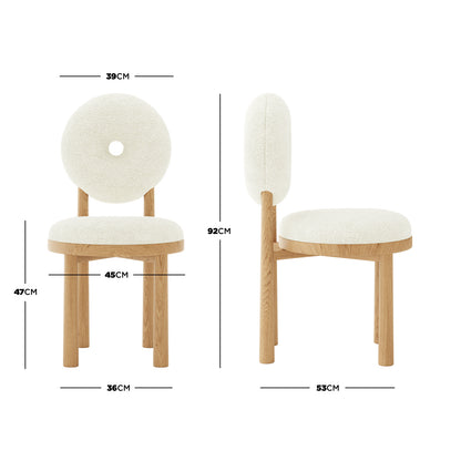 Wubin Boucle Solid Oak Round Dining Chair Cream White Set of 2, featuring a plush boucle cushion on a solid oak frame, elegantly designed for modern dining spaces.
