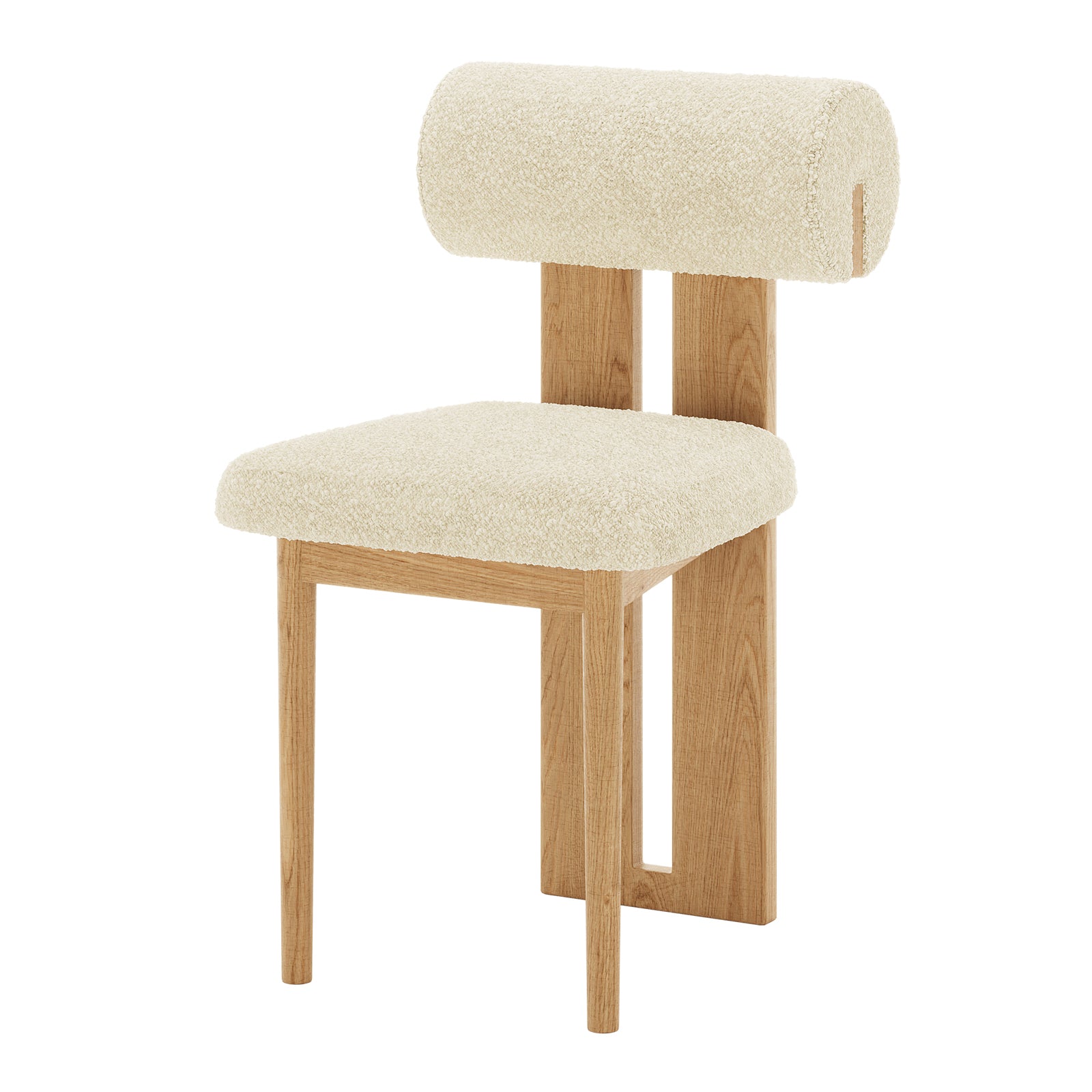 Wylie Boucle Oak Dining Chair Beige Set of Two, featuring plush boucle upholstery, cushioned seat, and solid oak frame with elegant wood accents.