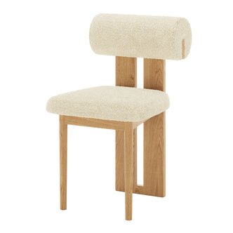 Wylie Boucle Oak Dining Chair Beige Set of Two, featuring plush boucle upholstery, cushioned seat, and solid oak frame with elegant wood accents.