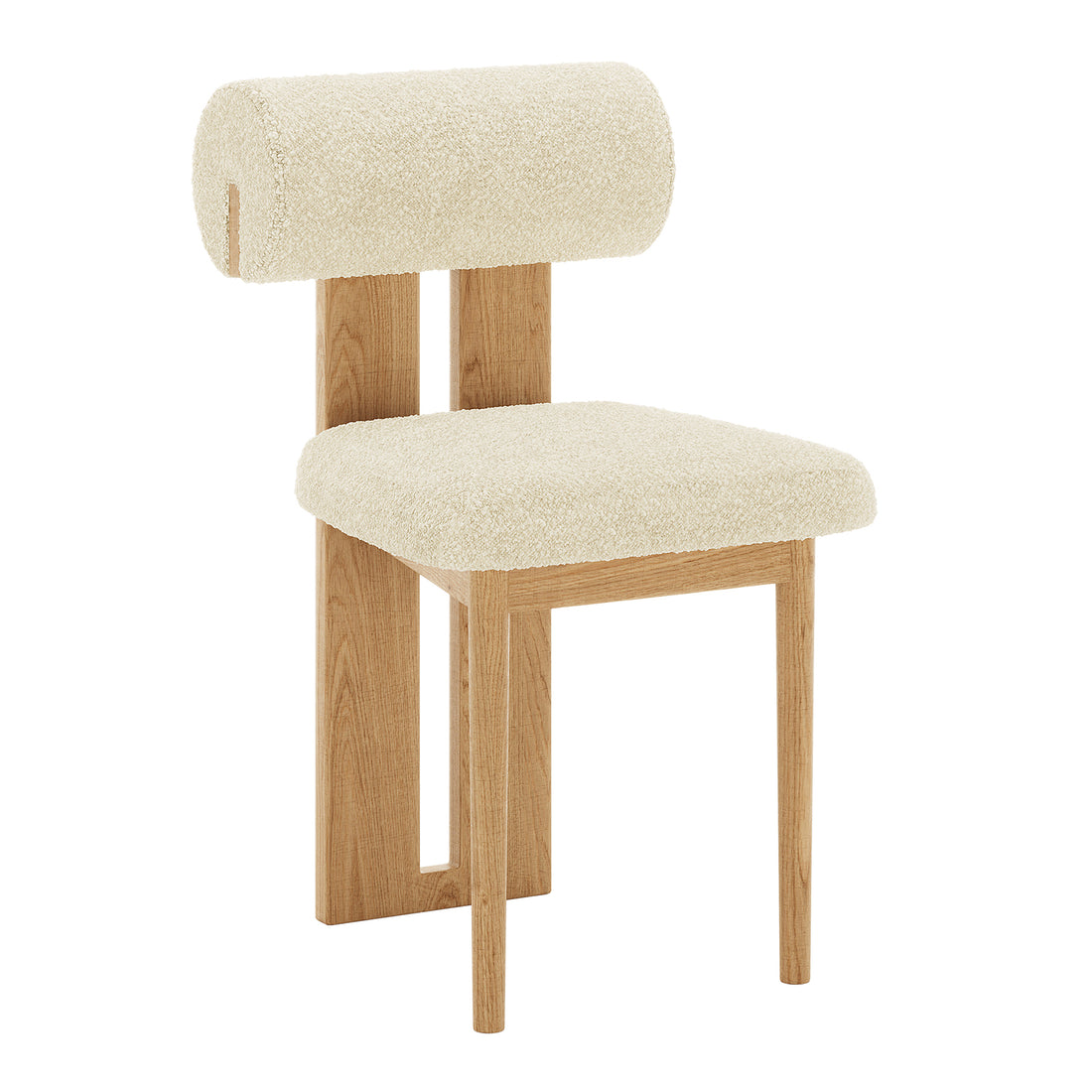 Wylie Boucle Oak Dining Chair Beige Set features plush boucle upholstery, foam padding, and a solid oak frame with anti-slip pads for comfort and elegance.