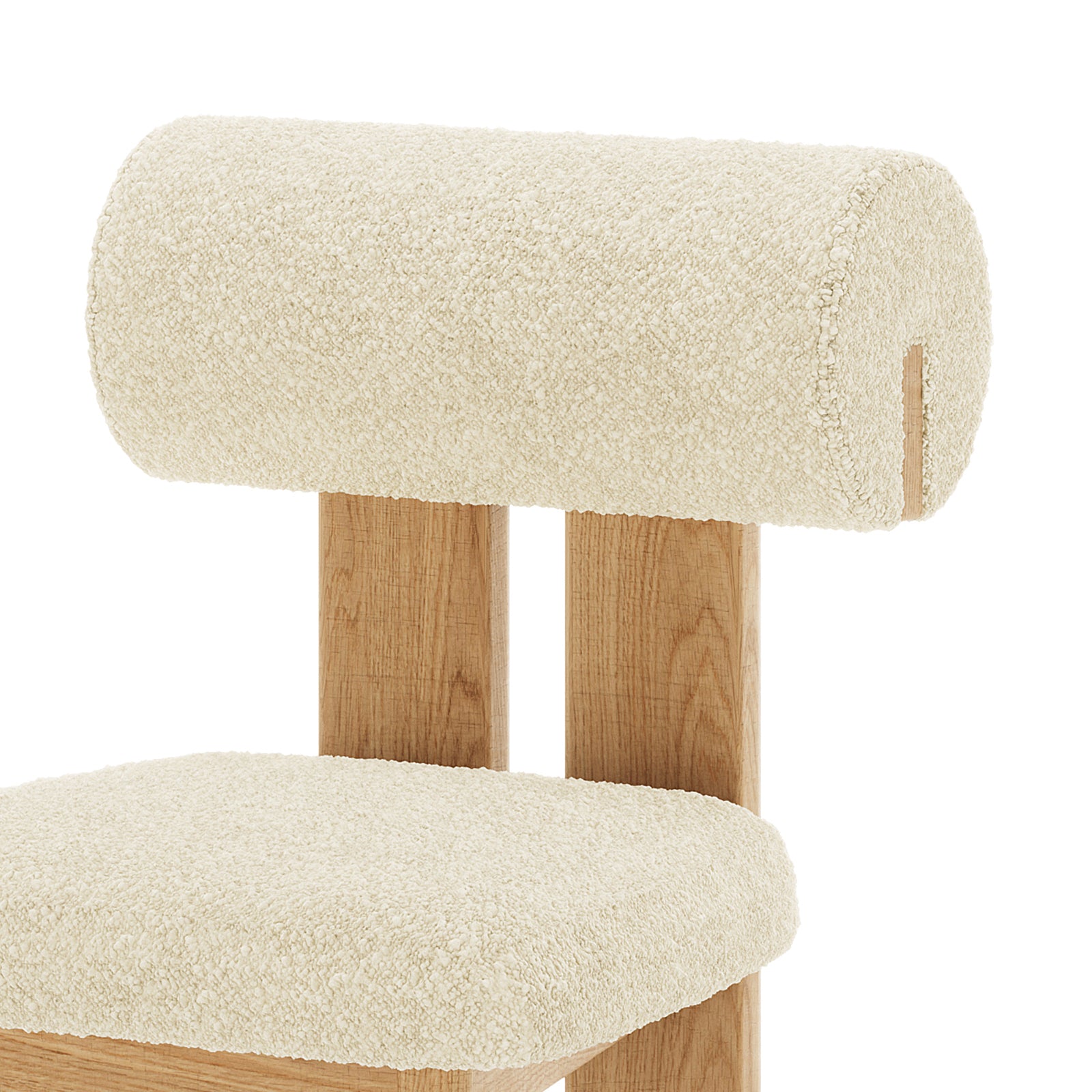 Wylie Boucle Oak Dining Chair Set, showcasing plush boucle fabric, solid oak frame, and elegant wood accents for modern dining comfort and style.