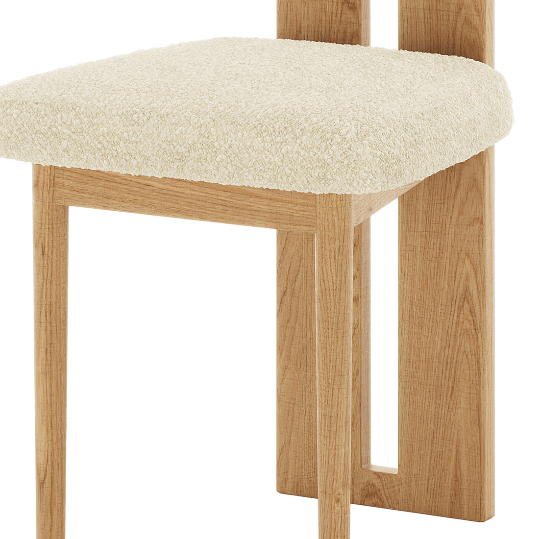 Wylie Boucle Oak Dining Chair Set with plush white cushions and solid oak frame, showcasing elegant design and comfort for modern dining spaces.