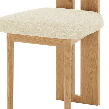 Wylie Boucle Oak Dining Chair Set with plush white cushions and solid oak frame, showcasing elegant design and comfort for modern dining spaces.