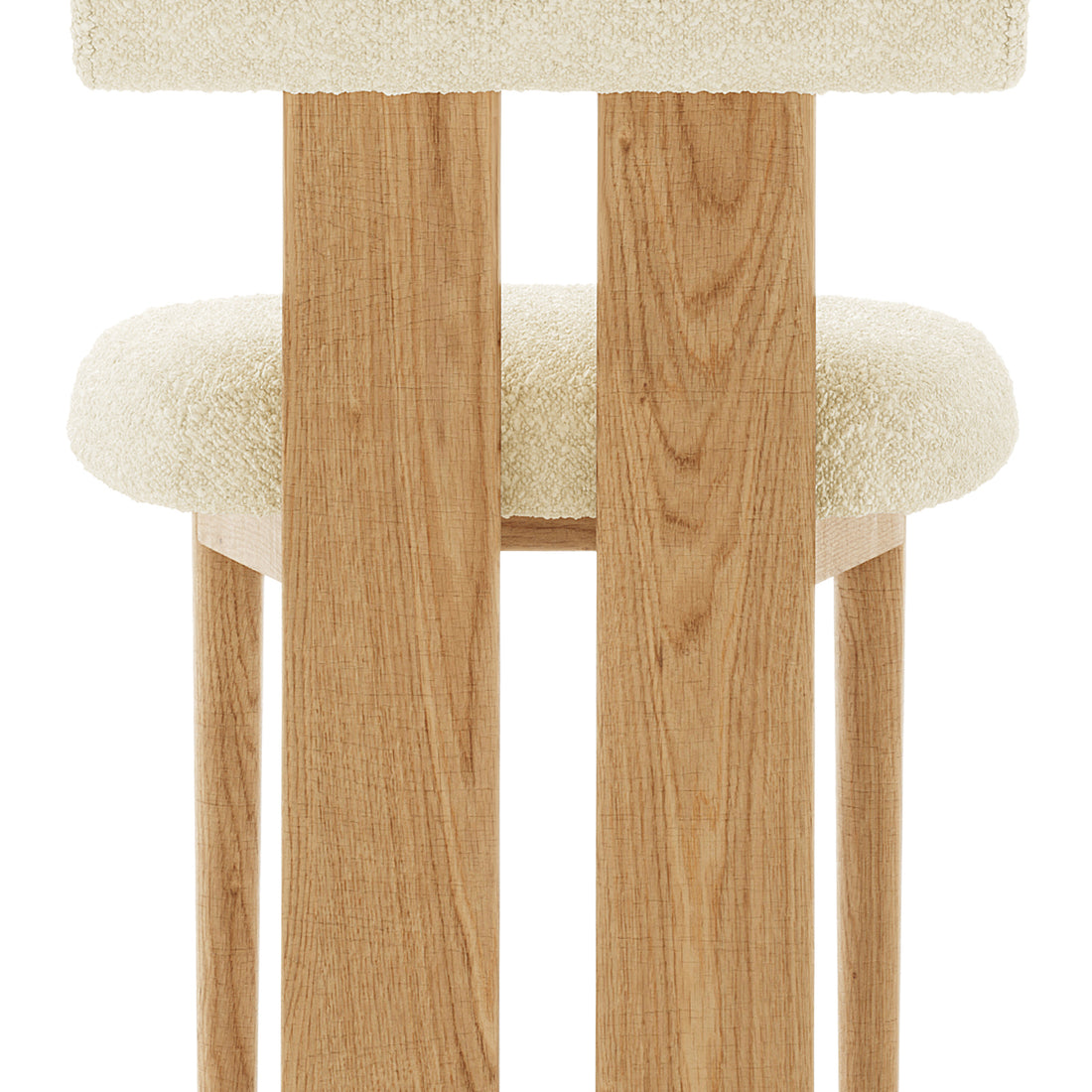 Wylie Boucle Oak Dining Chair Set features close-up views of its wooden frame and plush upholstery, highlighting craftsmanship and comfort.