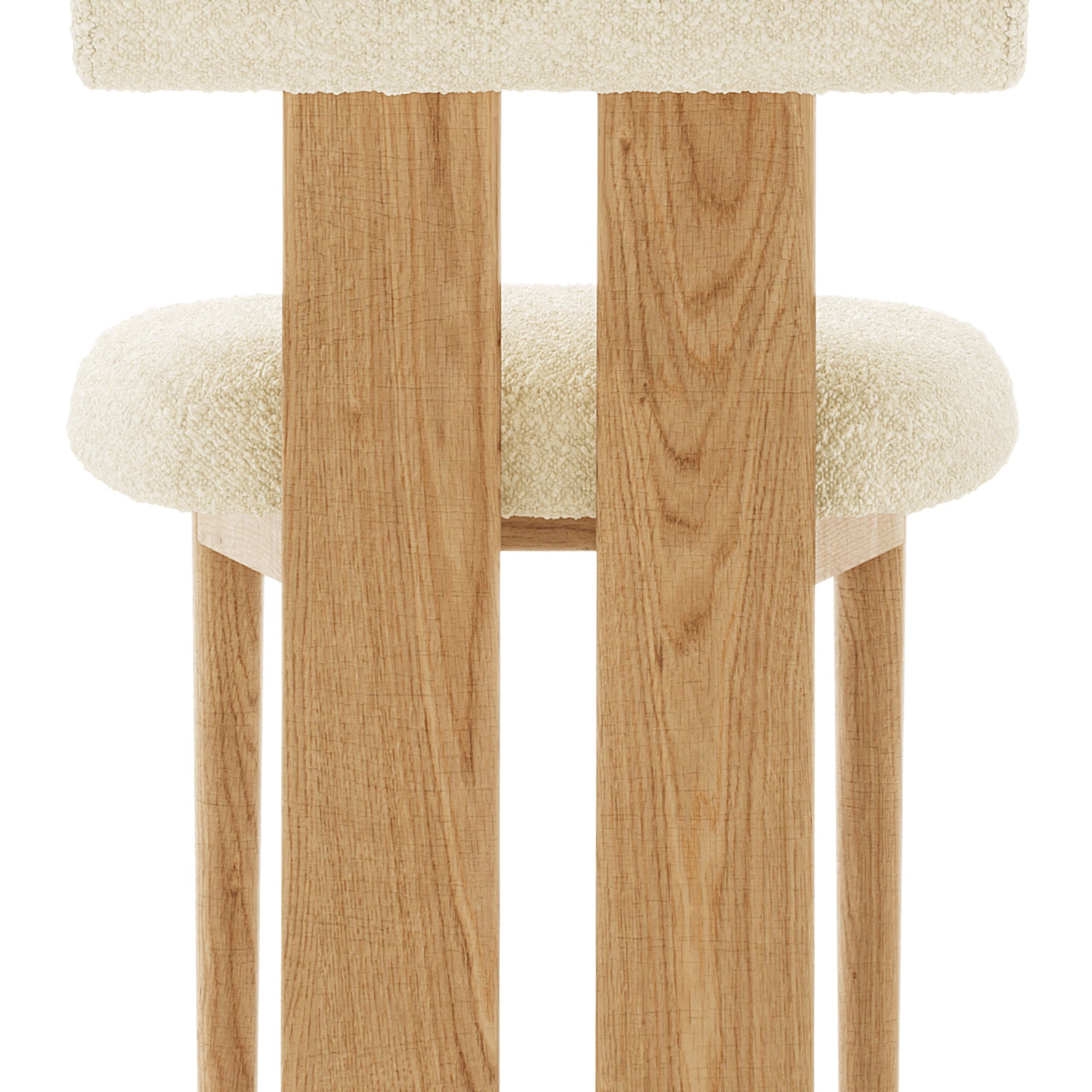 Wylie Boucle Oak Dining Chair Set features close-up views of its wooden frame and plush upholstery, highlighting craftsmanship and comfort.