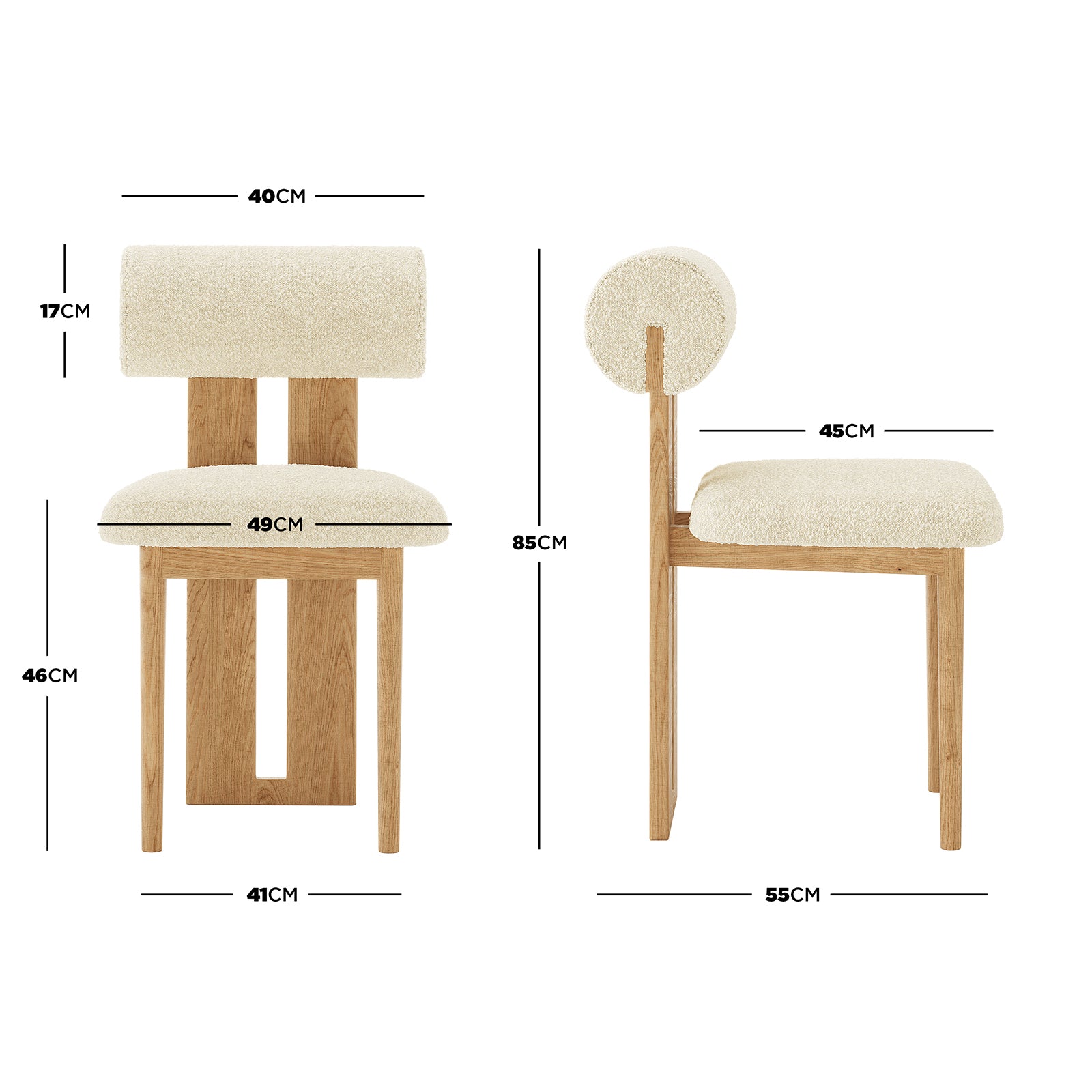 Wylie Boucle Oak Dining Chair Set of Two with plush boucle fabric and solid oak frame, showcasing cushioned seat and backrest for stylish dining.