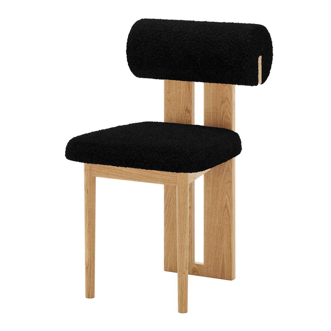 Angled view of Wylie Boucle Oak Dining Chair set, featuring a black cushioned seat with wooden legs, showcasing modern design and plush comfort.