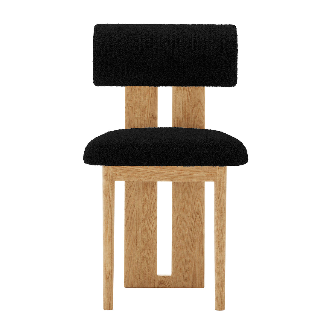 Front view of Wylie Boucle Oak Dining Chair Black Set of Two features plush boucle upholstery, solid oak legs, and a cushioned seat for modern dining comfort and style.