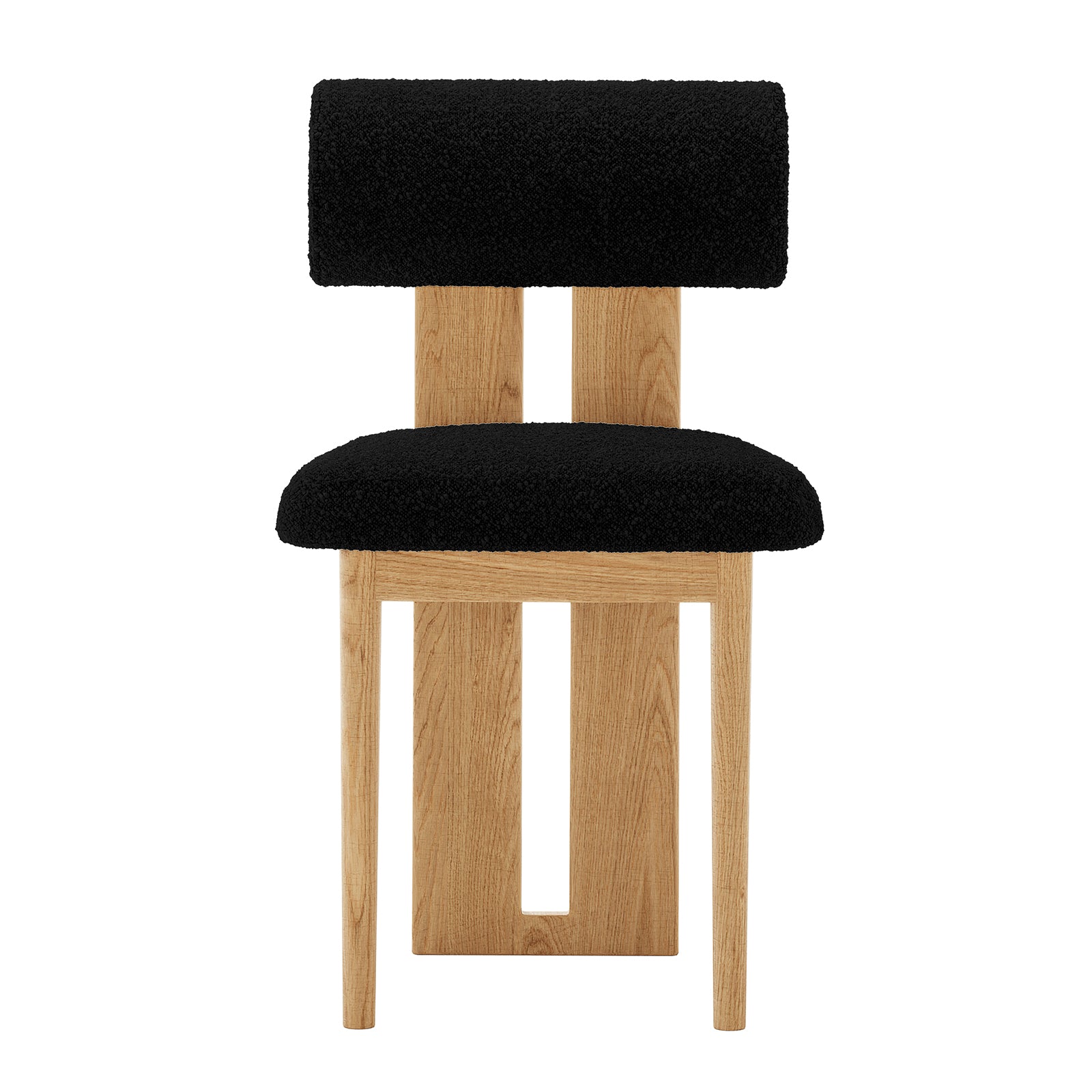 Front view of Wylie Boucle Oak Dining Chair Black Set of Two features plush boucle upholstery, solid oak legs, and a cushioned seat for modern dining comfort and style.